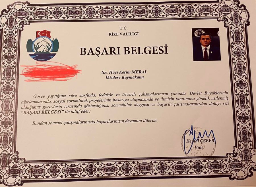 KAYMAKAMA VALİDEN BAŞARI BELGESİ