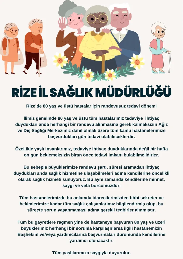 Rize’de 80 yaş ve üstü hastalar için randevusuz tedavi dönemi başladı