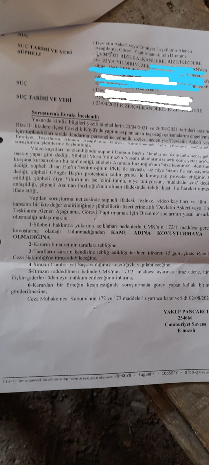 6 KİŞİ HAKKINDA KOVUŞTURMAYA YER OLMADIĞI KARARI VERİLDİ